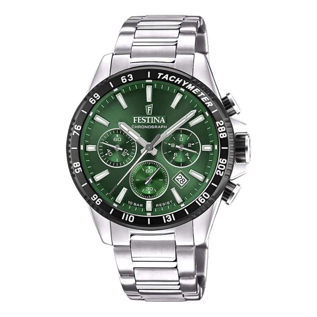 FESTINA Montre Timeless Chronograph Vert cadran argenté fond vert bracelet acier argenté