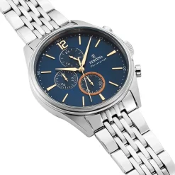 FESTINA Montre Timeless Chronograph Bleu cadran argenté fond bleu bracelet acier argenté