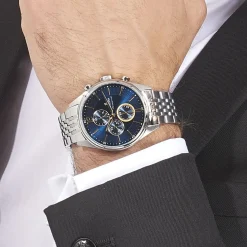 FESTINA Montre Timeless Chronograph Bleu cadran argenté fond bleu bracelet acier argenté