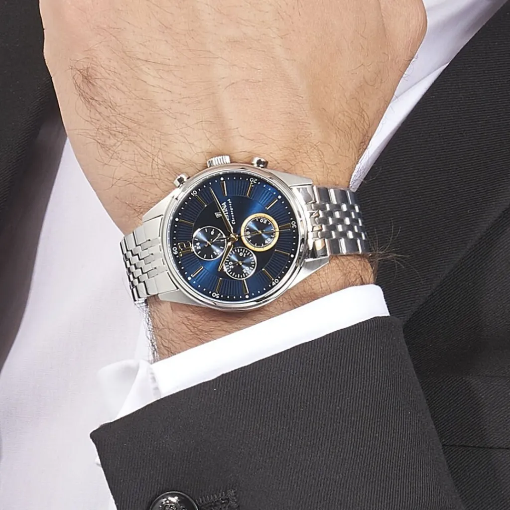 FESTINA Montre Timeless Chronograph Bleu cadran argenté fond bleu bracelet acier argenté