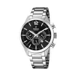 FESTINA Montre Timeless Chronograph Noir cadran argenté fond noir bracelet acier argenté Sale