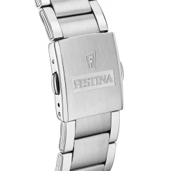 FESTINA Montre Timeless Chronograph Noir cadran argenté fond noir bracelet acier argenté Sale