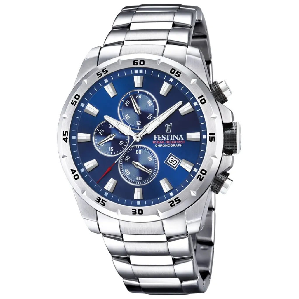 FESTINA Montre Timeless Chronograph Bleu cadran argenté fond bleu bracelet acier argenté Outlet