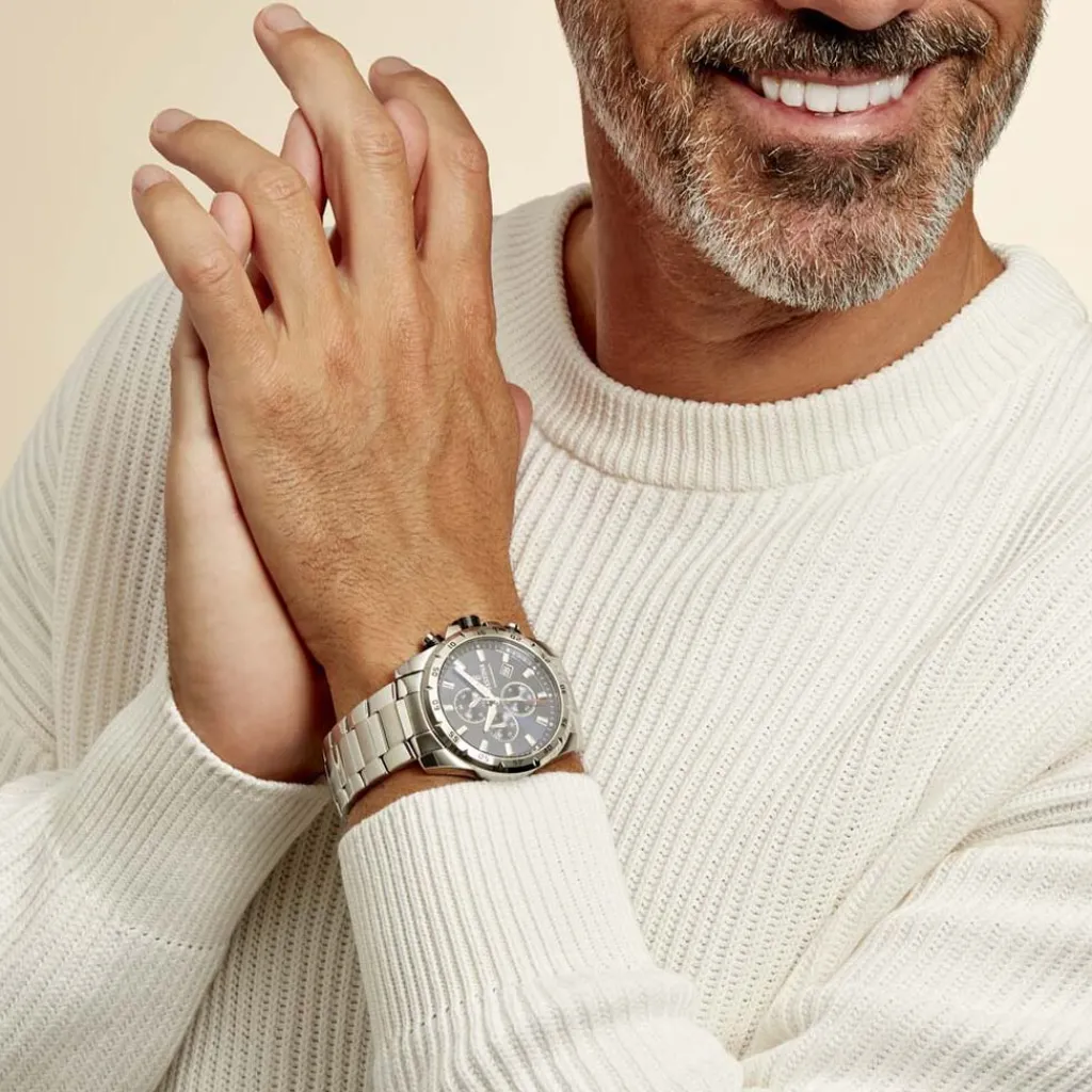 FESTINA Montre Timeless Chronograph Bleu cadran argenté fond bleu bracelet acier argenté Outlet