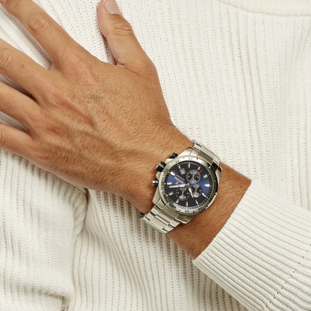 FESTINA Montre Timeless Chronograph Bleu cadran argenté fond bleu bracelet acier argenté Outlet