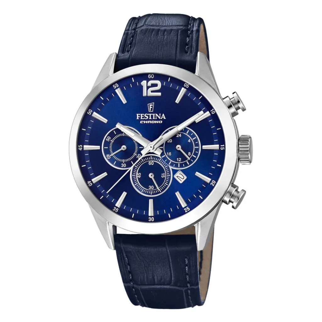 FESTINA Montre Timeless Chronograph Bleu cadran argenté fond bleu bracelet cuir bleu Outlet