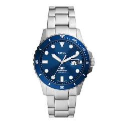 FOSSIL Montre Blue Dive Bleu cadran argenté fond bleu bracelet acier argenté Outlet
