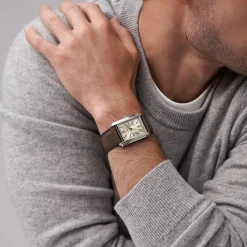 FOSSIL Montre Carraway Crème cadran argenté fond cr&egrave;me bracelet cuir marron Clearance