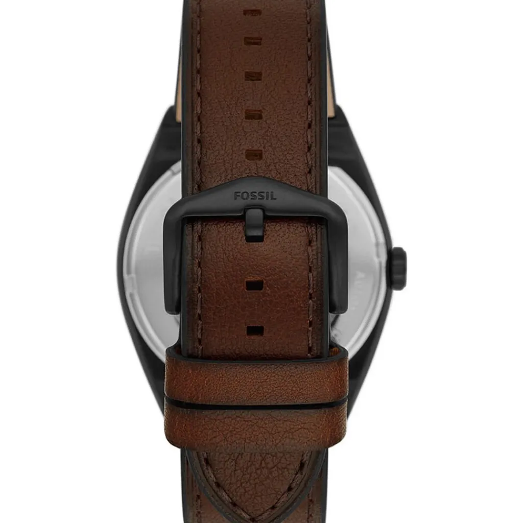 FOSSIL Montre Everett Noir cadran noir fond noir bracelet cuir marron Hot