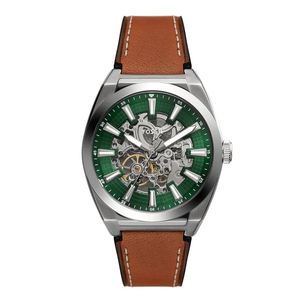 FOSSIL Montre Everett Vert cadran argenté fond vert bracelet cuir de vache marron Clearance