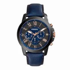 FOSSIL Montre Grant 2 Tons cadran noir fond noir bracelet cuir bleu Online