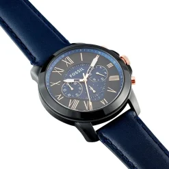 FOSSIL Montre Grant 2 Tons cadran noir fond noir bracelet cuir bleu Online