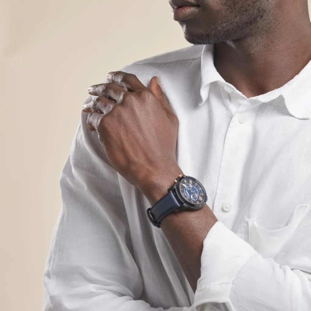 FOSSIL Montre Grant 2 Tons cadran noir fond noir bracelet cuir bleu Online