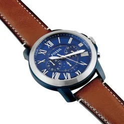 FOSSIL Montre Grant Bleu cadran argenté fond bleu bracelet cuir marron Online
