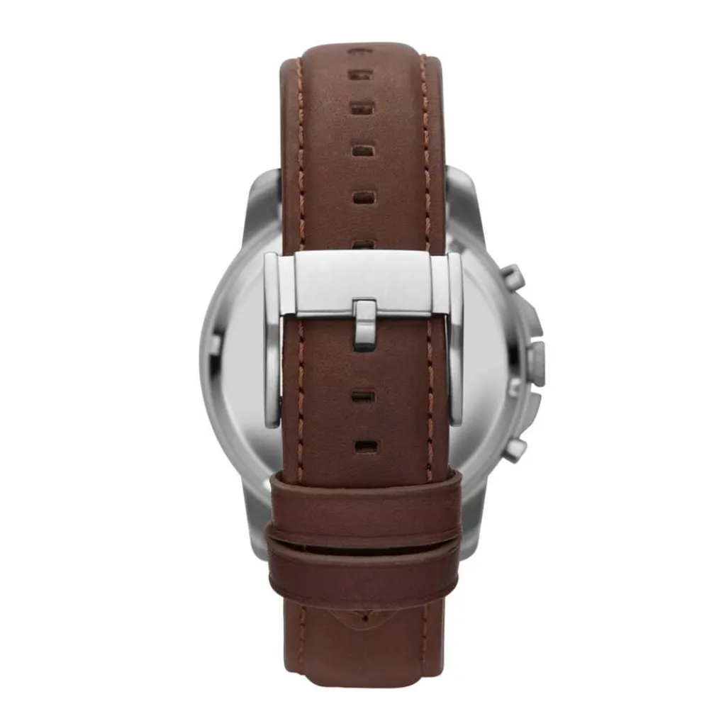 FOSSIL Montre Grant Noir cadran argenté fond noir bracelet cuir brun Clearance