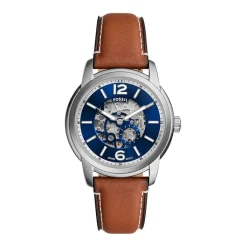 FOSSIL Montre Heritage Bleu cadran argenté fond bleu bracelet cuir de vache marron Online