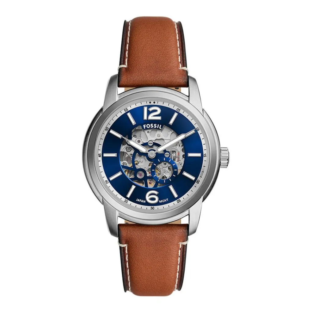 FOSSIL Montre Heritage Bleu cadran argenté fond bleu bracelet cuir de vache marron Online