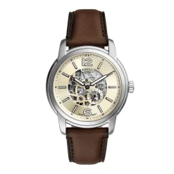 FOSSIL Montre Heritage Crème cadran argenté fond crème bracelet cuir de vache marron Hot