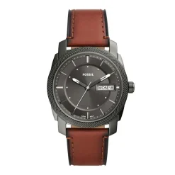 FOSSIL Montre Machine Gris cadran gris fond gris bracelet cuir marron Outlet