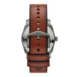 FOSSIL Montre Machine Gris cadran gris fond gris bracelet cuir marron Outlet