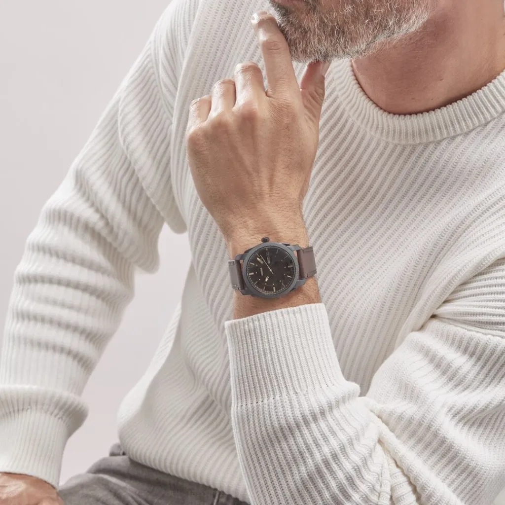 FOSSIL Montre Machine Marron cadran noir fond marron bracelet cuir marron Clearance