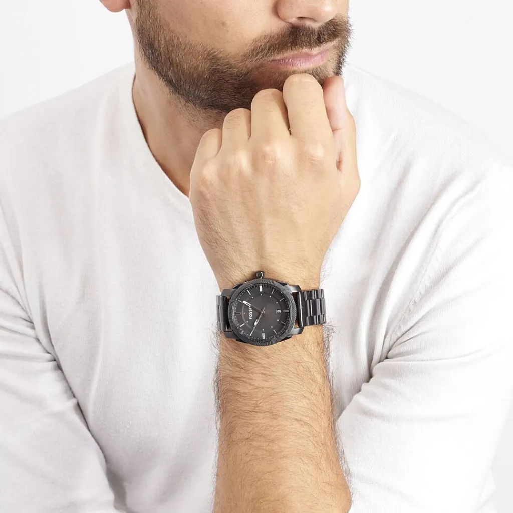 FOSSIL Montre Machine Noir cadran noir fond noir bracelet acier noir