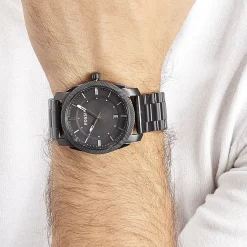 FOSSIL Montre Machine Noir cadran noir fond noir bracelet acier noir