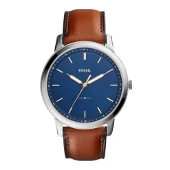 FOSSIL Montre Minimalist Bleu cadran argenté fond bleu bracelet cuir brun Hot