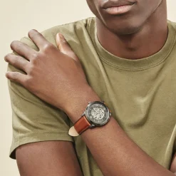 FOSSIL Montre Neutra 2 Tons cadran gris fond noir bracelet cuir marron Discount