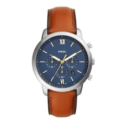 FOSSIL Montre Neutra Chrono Bleu cadran argenté fond bleu bracelet cuir marron