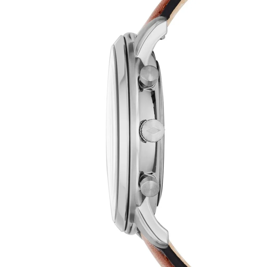 FOSSIL Montre Neutra Chrono Bleu cadran argenté fond bleu bracelet cuir marron