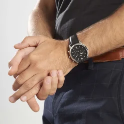 FOSSIL Montre Neutra Chrono Noir cadran argenté fond noir bracelet cuir noir Hot