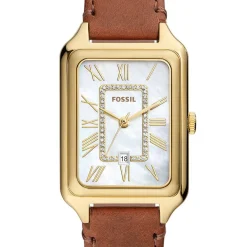 FOSSIL Montre Raquel Blanc cadran doré fond blanc bracelet cuir marron Outlet