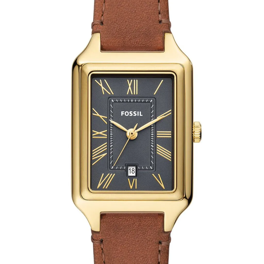 FOSSIL Montre Raquel Gris cadran doré fond gris bracelet cuir marron Sale