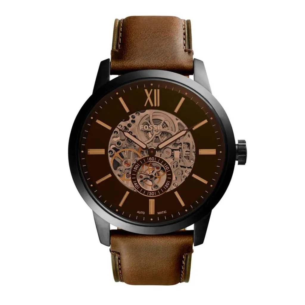 FOSSIL Montre Townsman Auto Noir cadran noir fond noir bracelet cuir marron Discount
