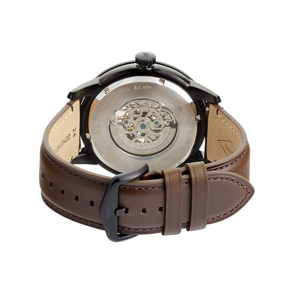 FOSSIL Montre Townsman Auto Noir cadran noir fond noir bracelet cuir marron Discount