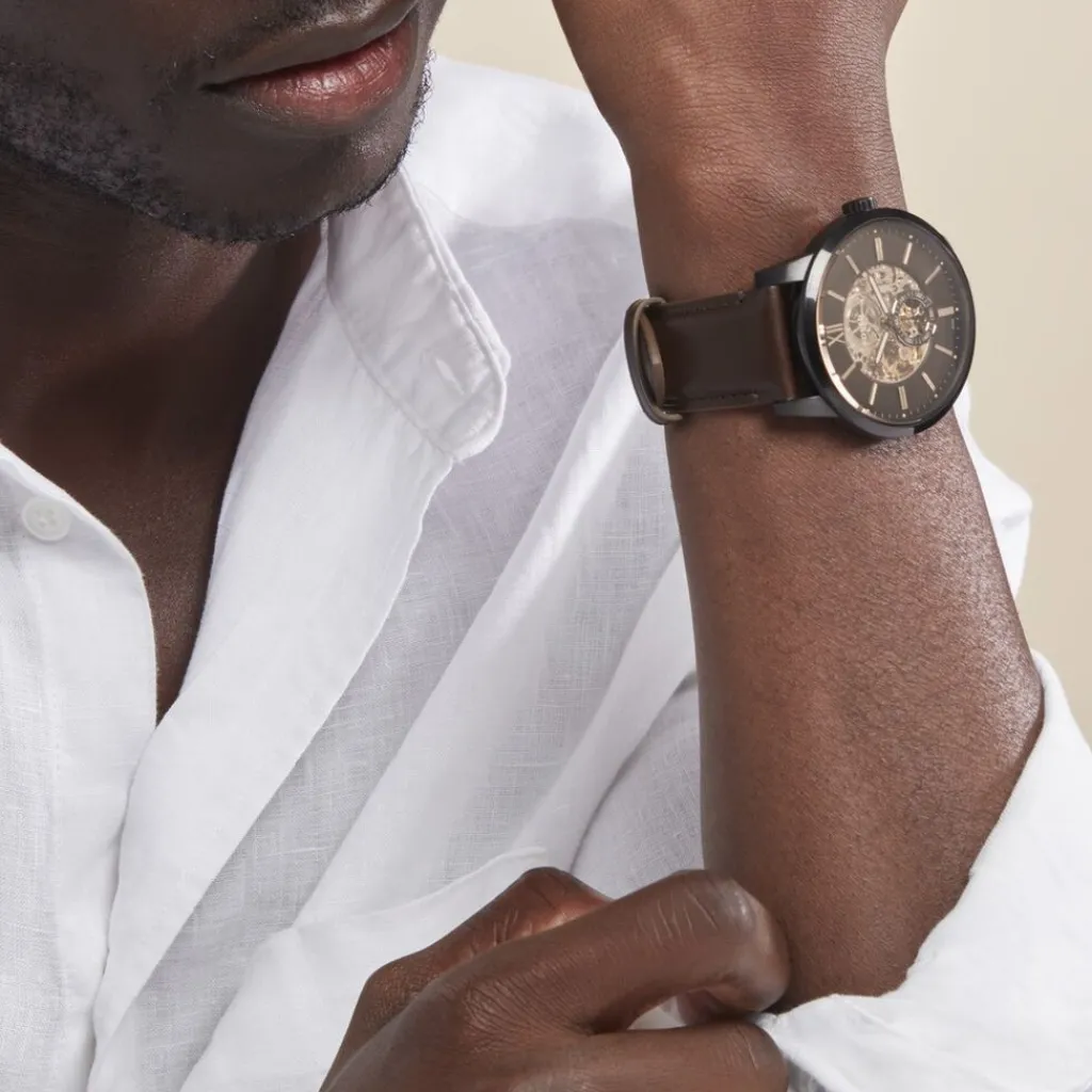 FOSSIL Montre Townsman Auto Noir cadran noir fond noir bracelet cuir marron Discount