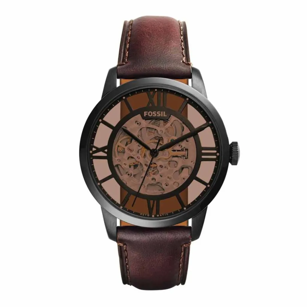 FOSSIL Montre Townsman Auto 2 Tons cadran noir fond squelette bracelet cuir brun Outlet