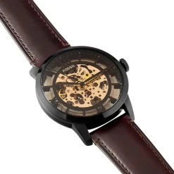 FOSSIL Montre Townsman Auto 2 Tons cadran noir fond squelette bracelet cuir brun Outlet