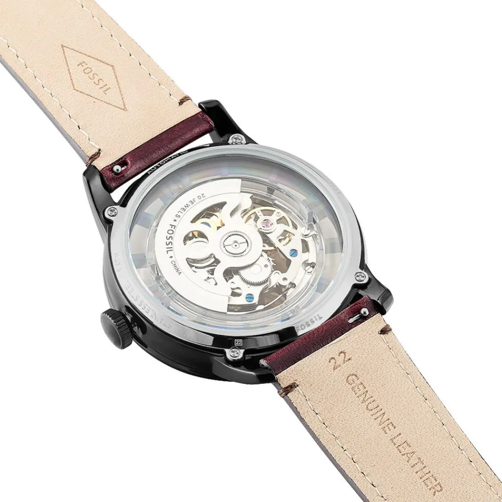 FOSSIL Montre Townsman Auto 2 Tons cadran noir fond squelette bracelet cuir brun Outlet