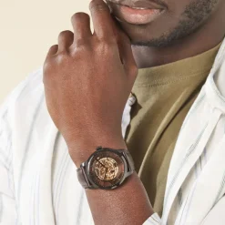 FOSSIL Montre Townsman Auto 2 Tons cadran noir fond squelette bracelet cuir brun Outlet