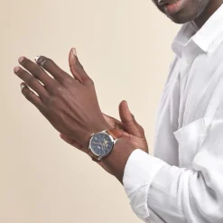 FOSSIL Montre Townsman Bleu cadran argenté fond bleu bracelet cuir brun