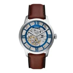 FOSSIL Montre Townsman Blanc cadran argenté fond blanc bracelet cuir de vache marron Sale