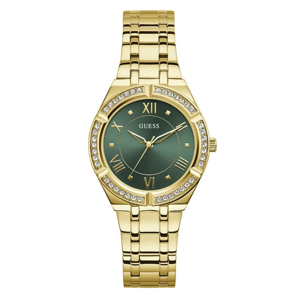 GUESS Montre Cosmo Vert cadran doré fond vert bracelet acier doré