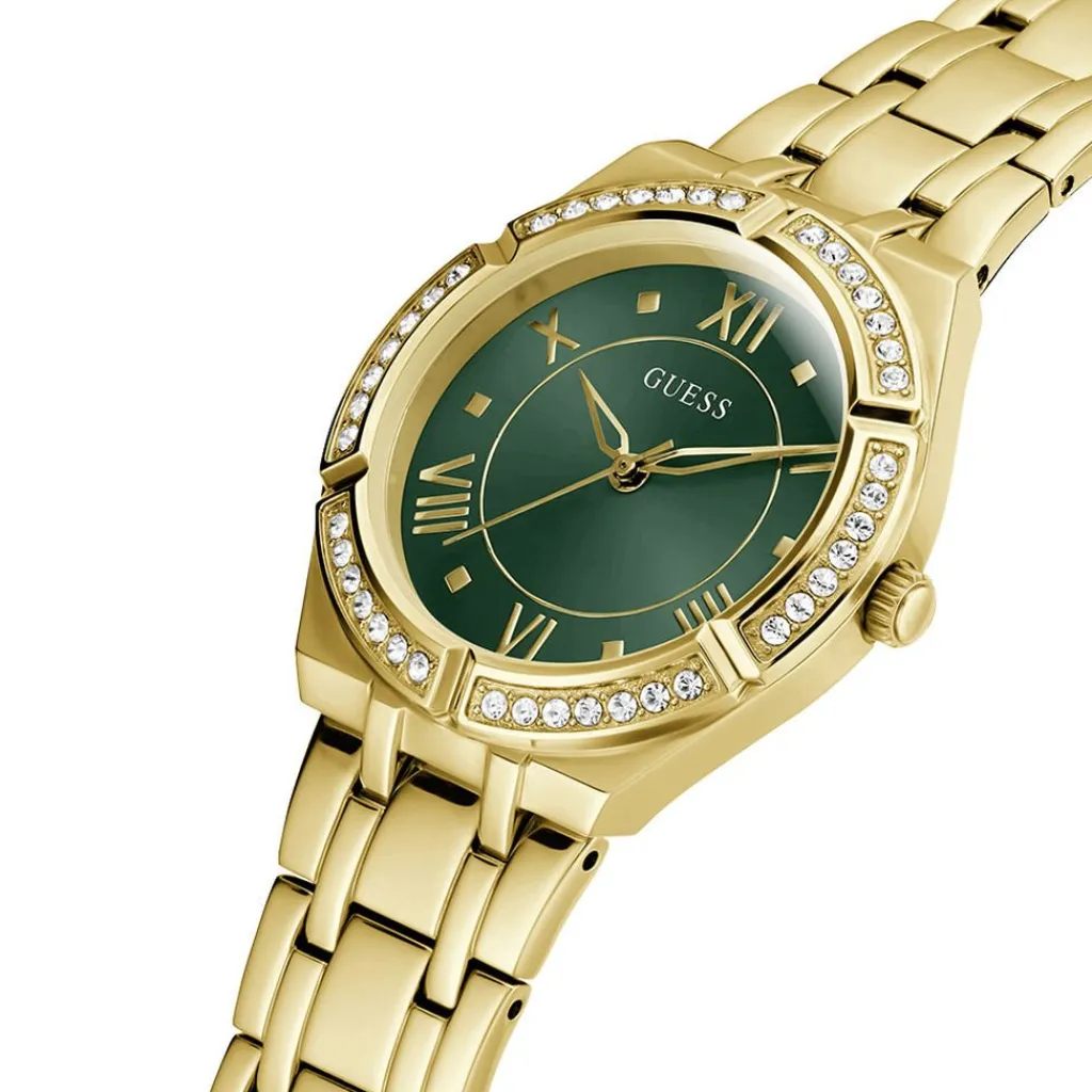 GUESS Montre Cosmo Vert cadran doré fond vert bracelet acier doré