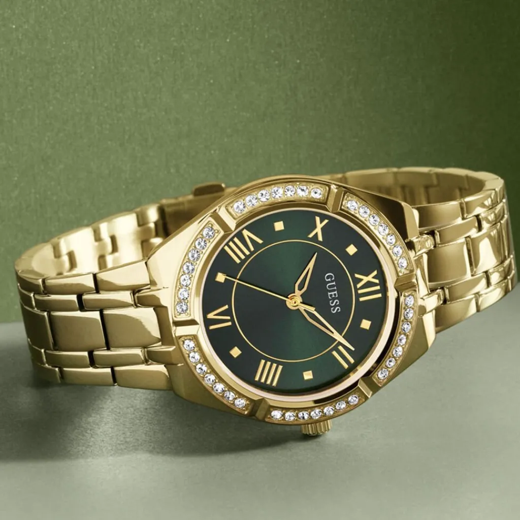 GUESS Montre Cosmo Vert cadran doré fond vert bracelet acier doré