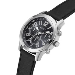 GUESS Montre Parker Noir cadran argenté fond noir bracelet cuir de veau noir Best