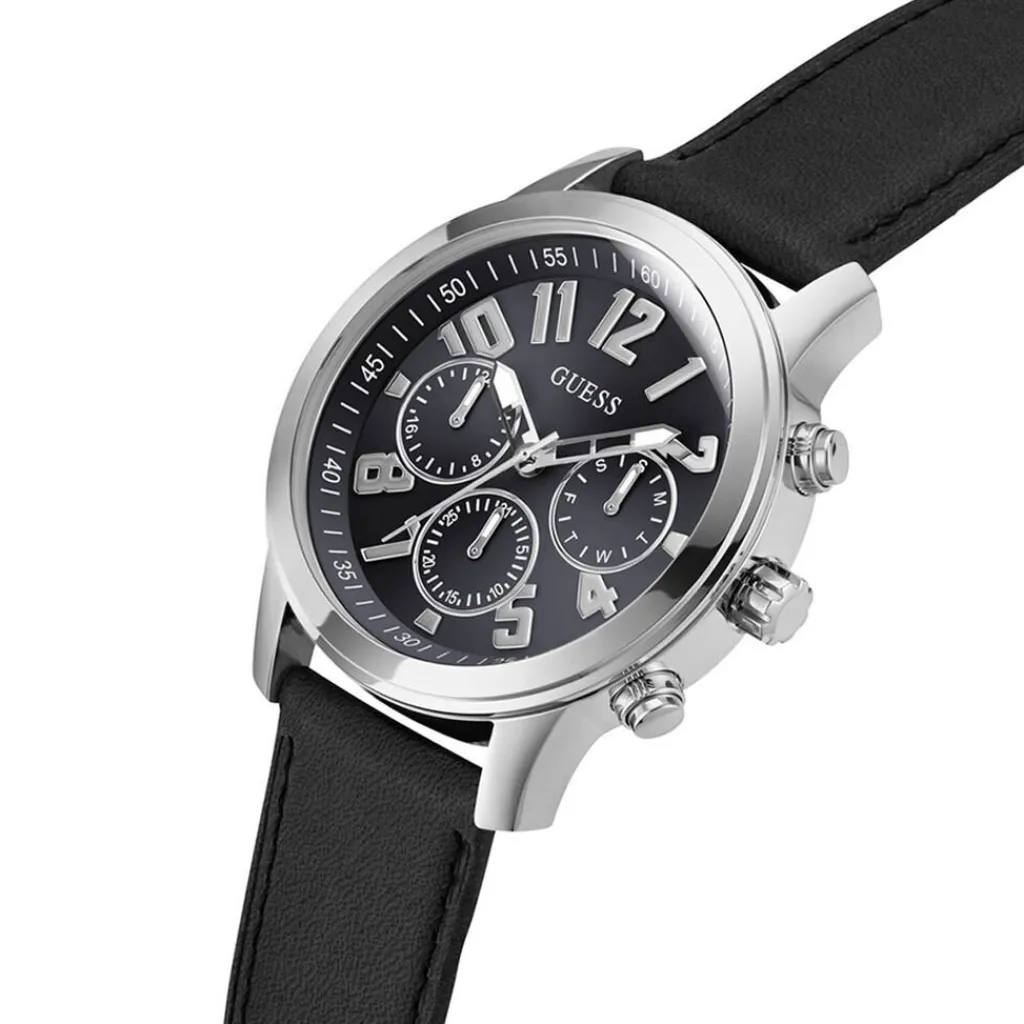 GUESS Montre Parker Noir cadran argenté fond noir bracelet cuir de veau noir Best