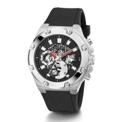 GUESS Montre Third Gear Noir cadran argenté fond noir bracelet silicone noire Clearance