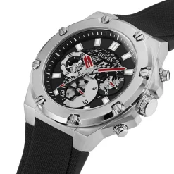 GUESS Montre Third Gear Noir cadran argenté fond noir bracelet silicone noire Clearance